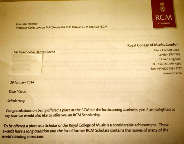 Scholarship offer from London Royal College of Music to Master Studies, London 2014
